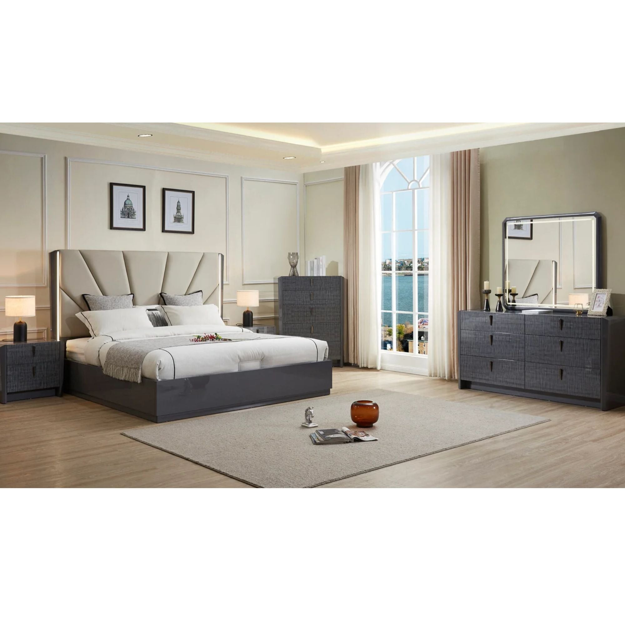 Aurora 6-piece bedroom set in grey by Sundrm Furniture Inc, includes bed, dresser, mirror, and two nightstands.