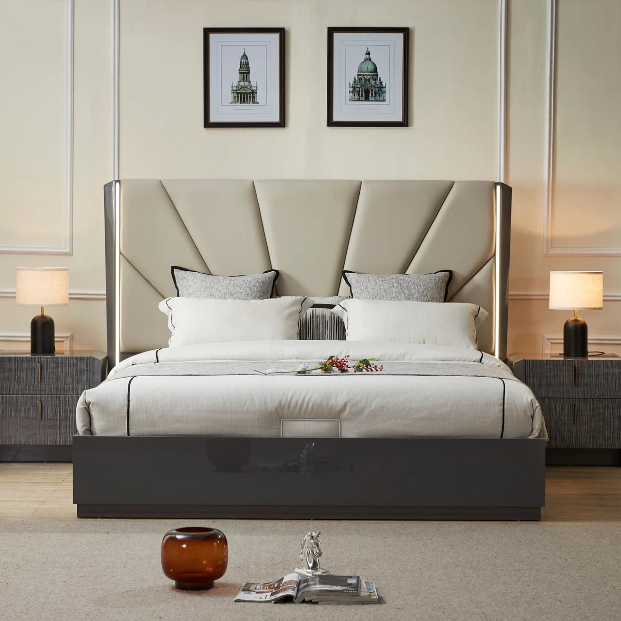 Aurora 6-piece grey bedroom set by Sundrm Furniture Inc includes a bed, dresser, mirror, and nightstands for a modern bedroom.