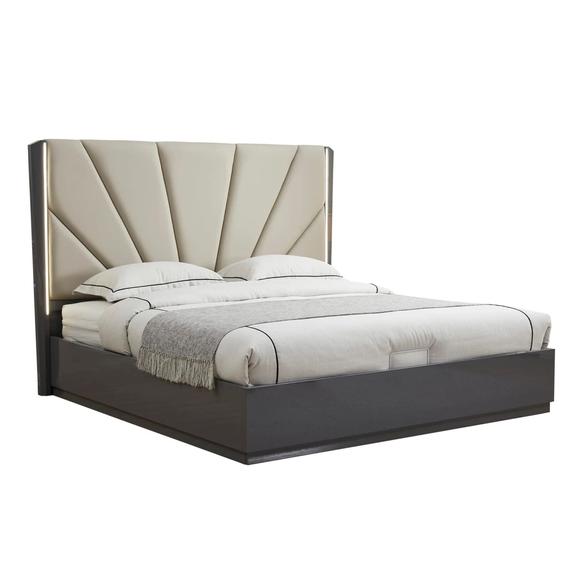 Aurora 6-piece bedroom set in grey by Sundrm Furniture Inc, includes queen bed, dresser, mirror, and nightstand.