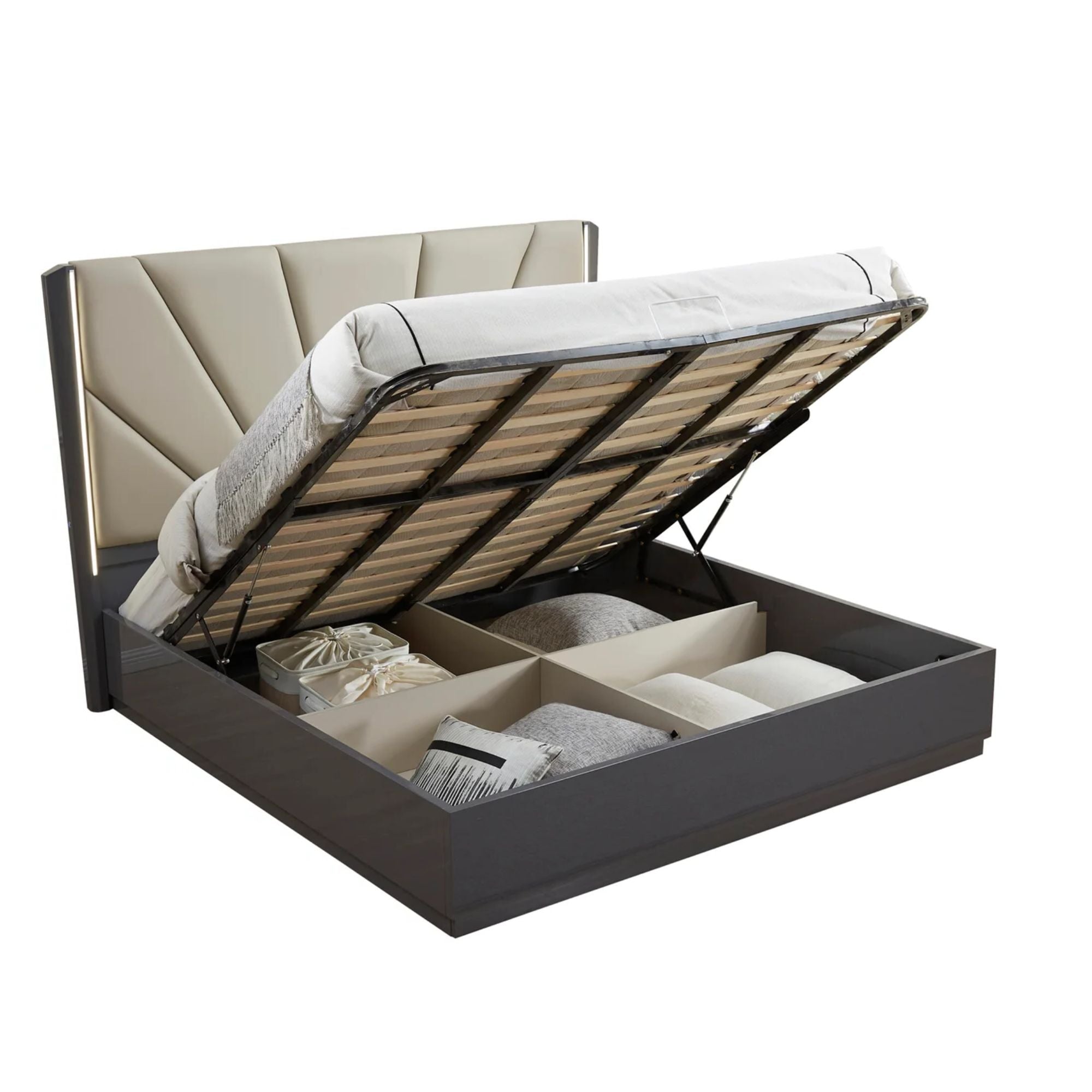 Aurora 6-piece bedroom set in grey by Sundrm Furniture Inc, includes bed, dresser, mirror, and nightstands in a modern design.