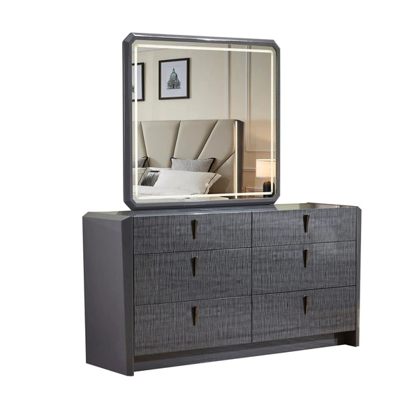 Aurora 6-piece bedroom set in grey by Sundrm Furniture Inc, includes bed, dresser, mirror, and nightstands.