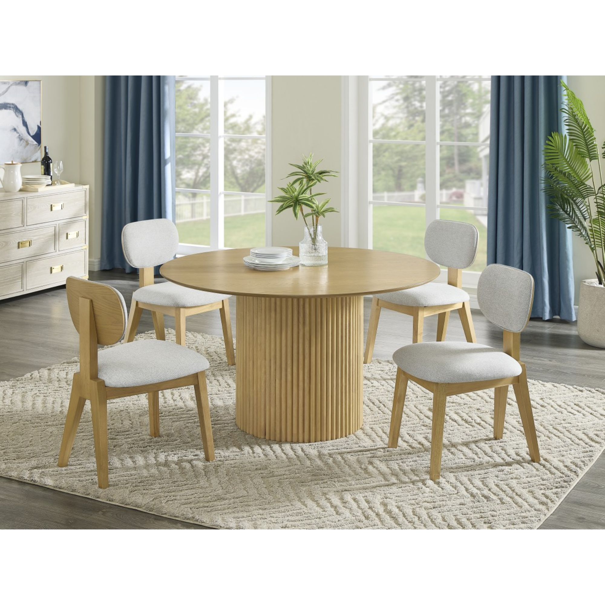 Natural wood Terra 5-piece dining set by Brassex, including table and four matching chairs, in a modern dining room setting.