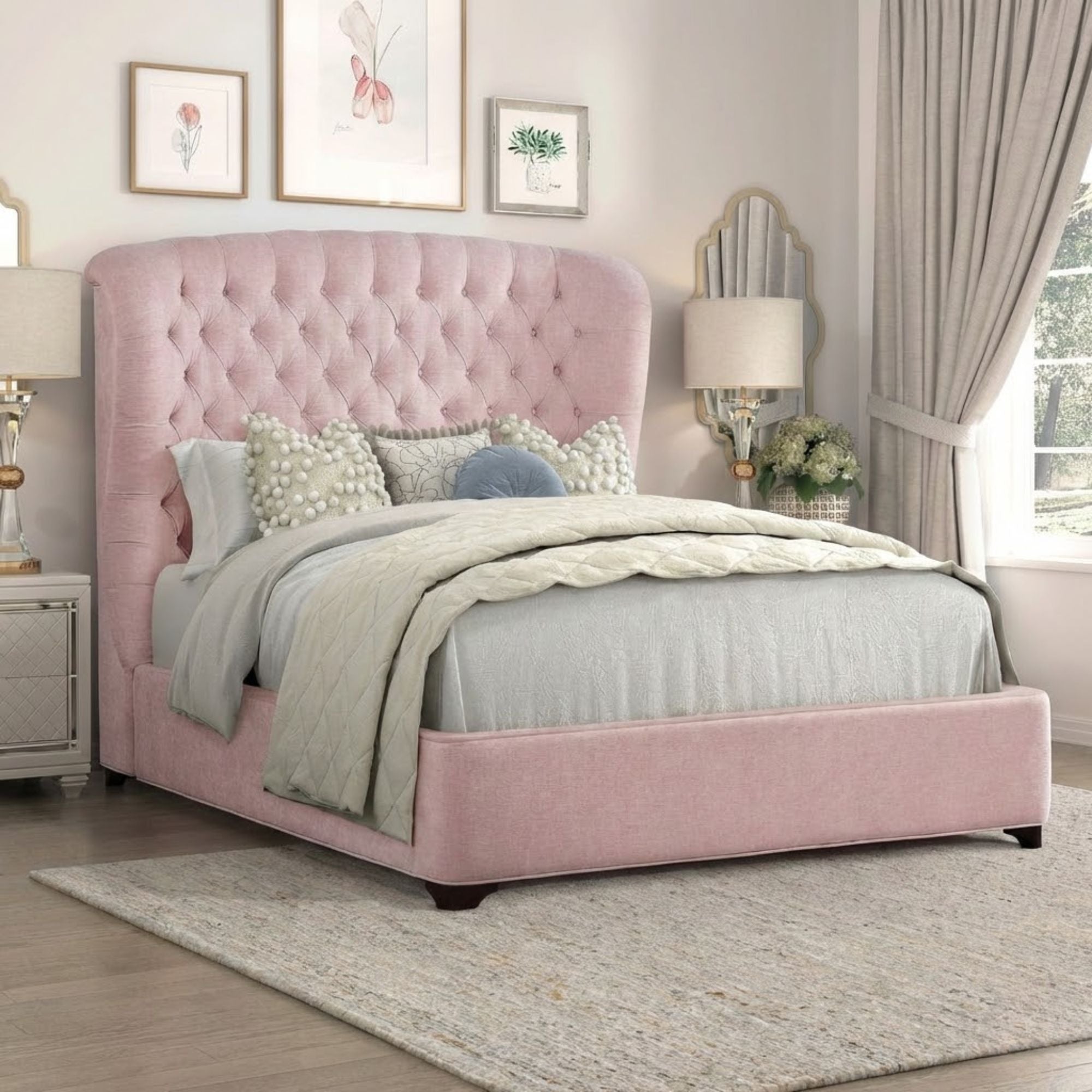 Pink Cameo Collection bed by M.A.F with elegant headboard, showcased in a cozy bedroom setting.