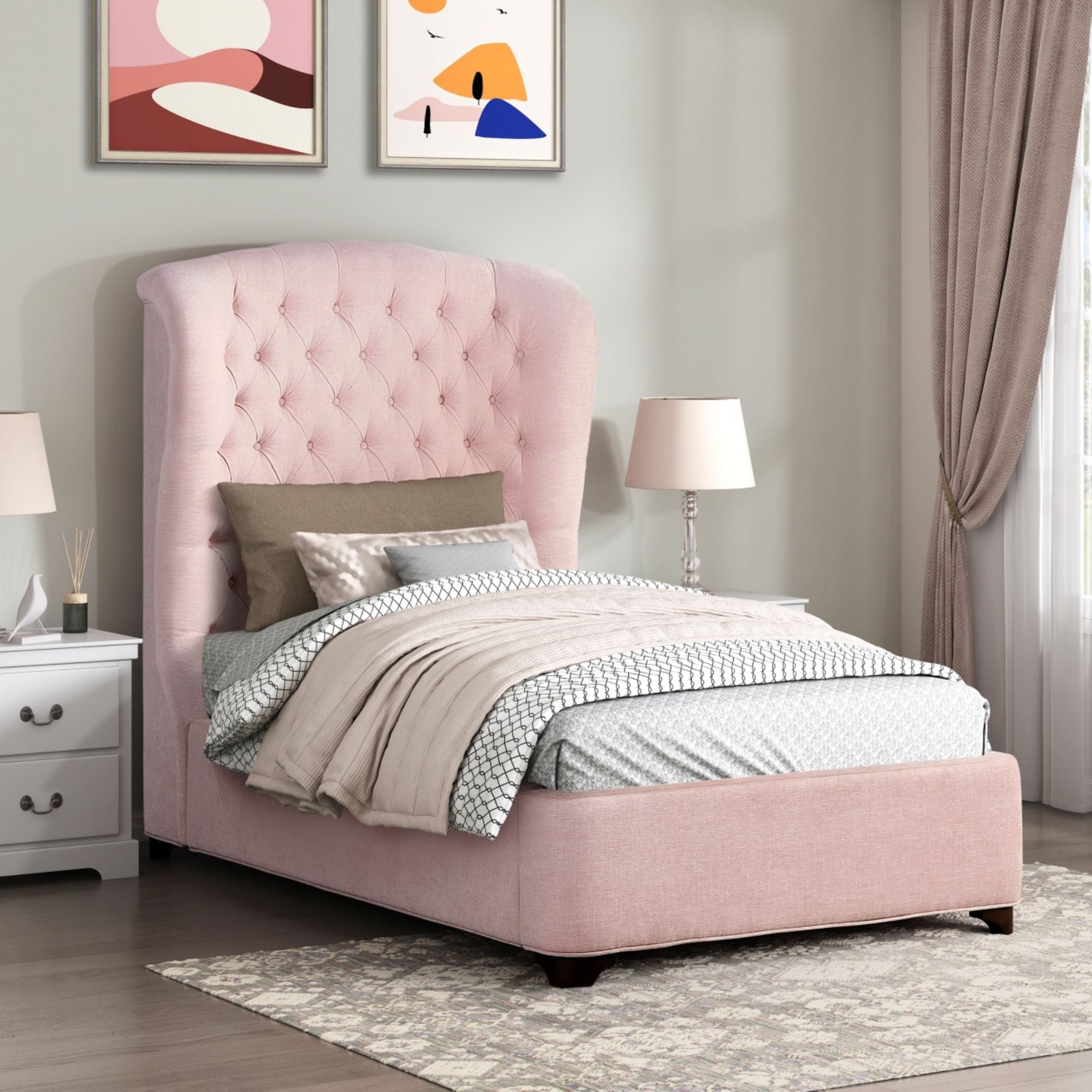 Pink Cameo Collection bed by M.A.F featuring a stylish upholstered bed frame with a soft, elegant design.