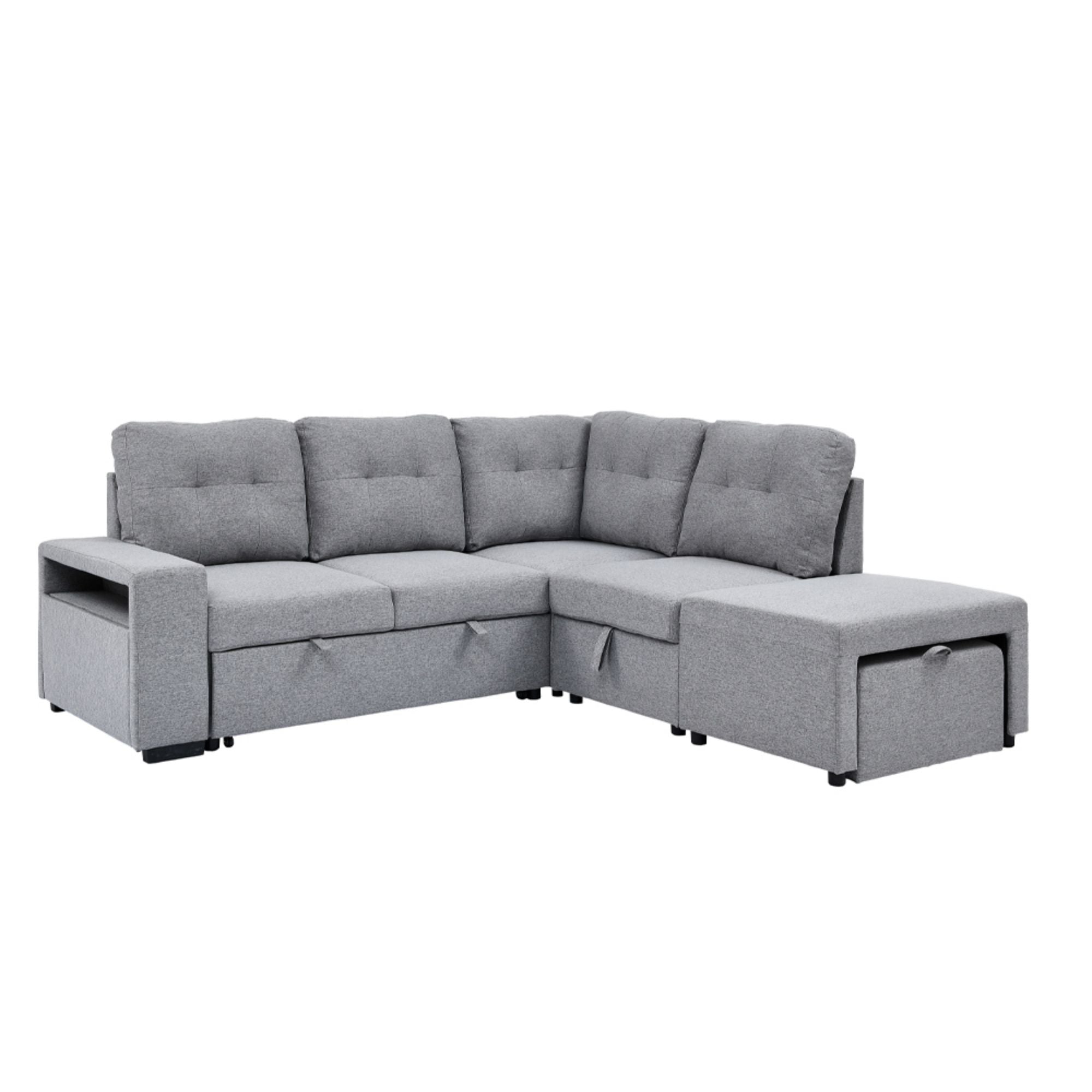 T.T.F Kora Flex pull-out sectional sofa in grey chenille with multiple seating areas and modern design.