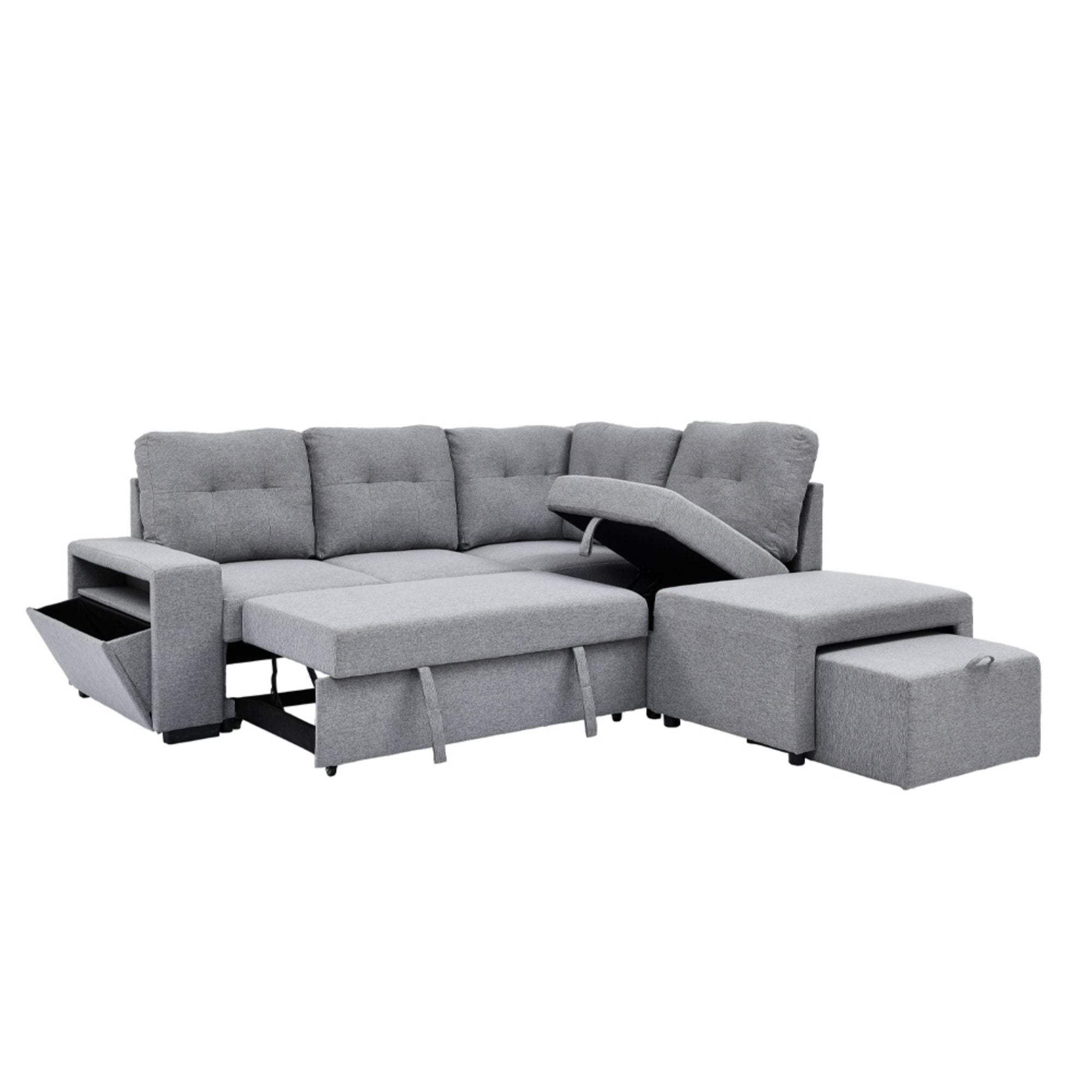 Grey T.T.F Kora Flex pull-out sectional sofa with chenille upholstery, modern design, and spacious seating.