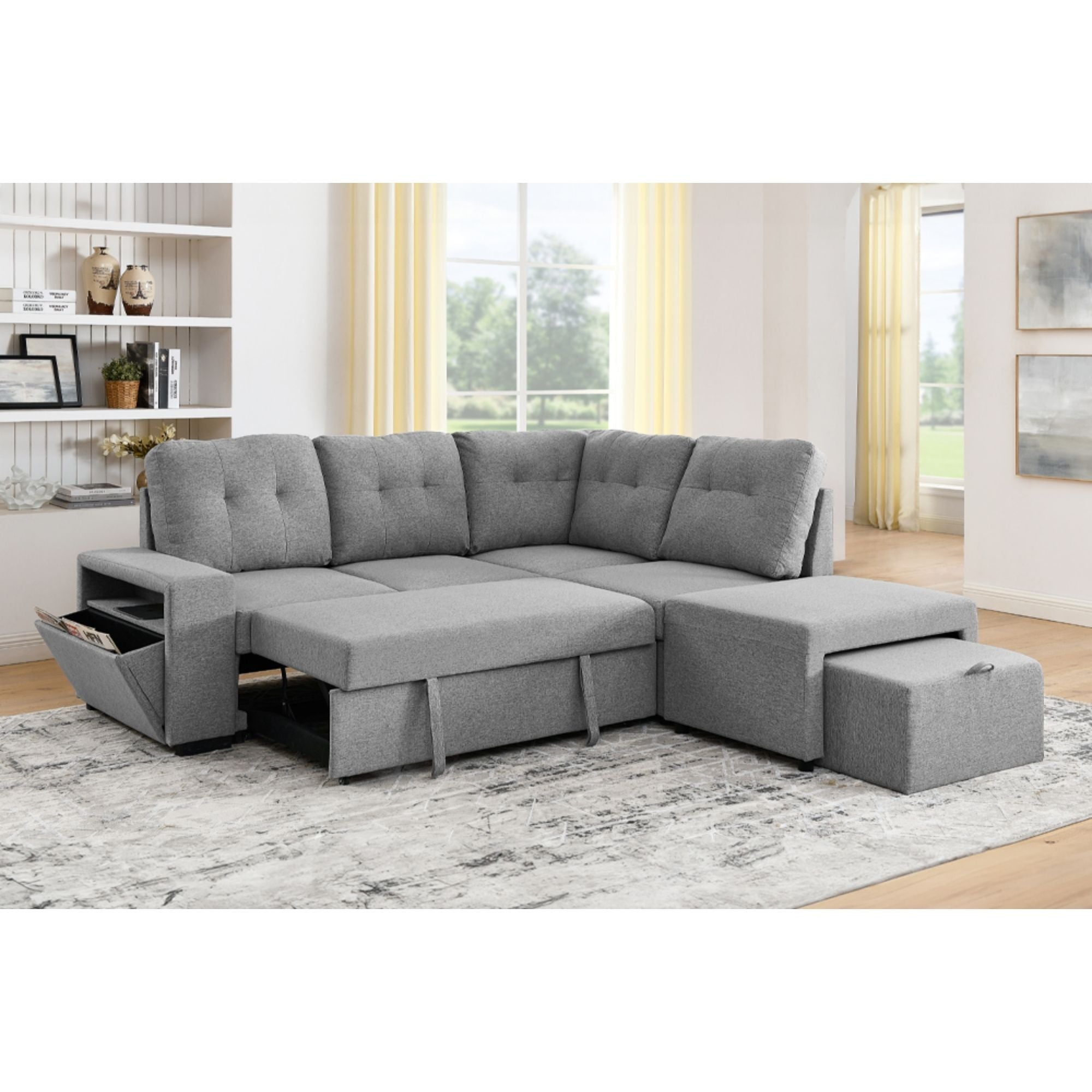 Grey T.T.F Kora Flex pull-out sectional sofa with plush chenille upholstery and modern design, perfect for living room comfort