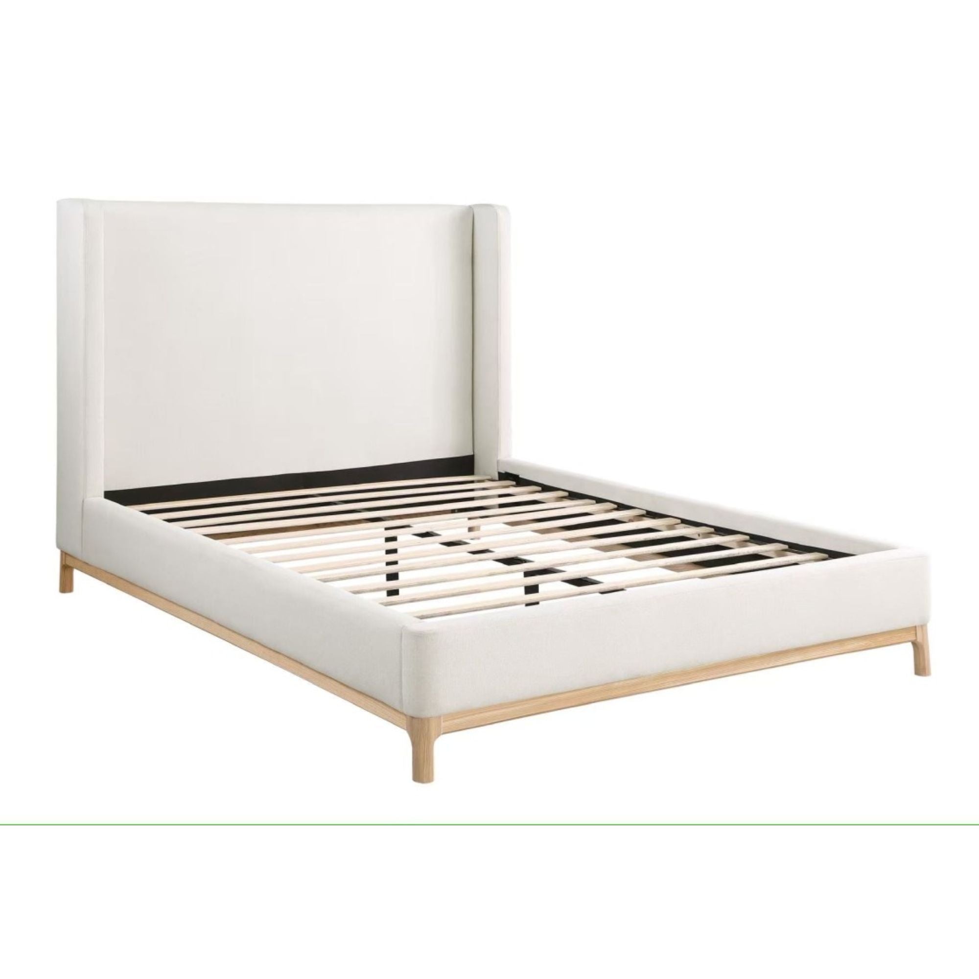 Serene upholstered platform bed with a padded headboard and neutral fabric, modern bedroom furniture by Brassex.