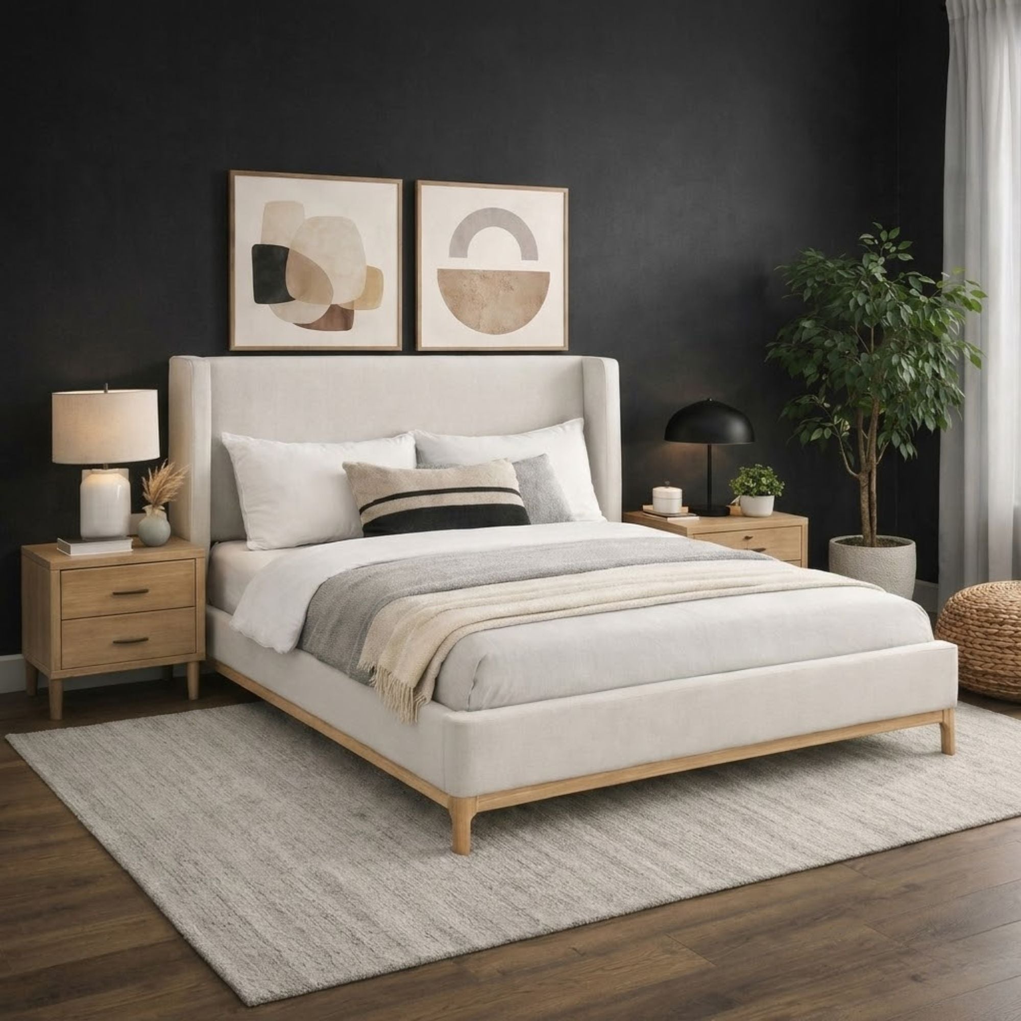 Brassex Serene upholstered platform bed with a padded headboard and neutral fabric, showcasing a modern bedroom setup.
