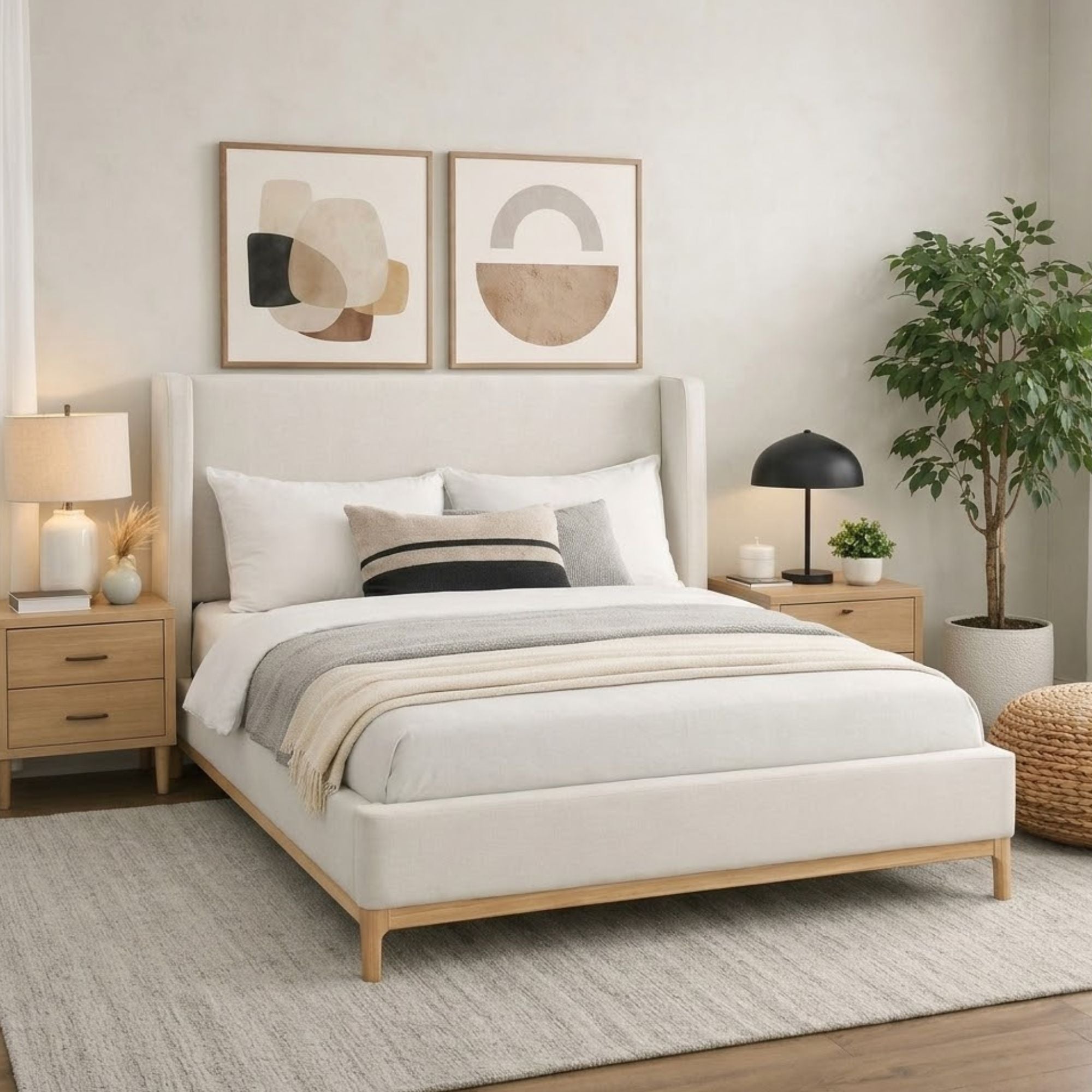 Brassex Serene upholstered platform bed with cushioned headboard and neutral fabric, modern bedroom furniture for a cozy sleep space.
