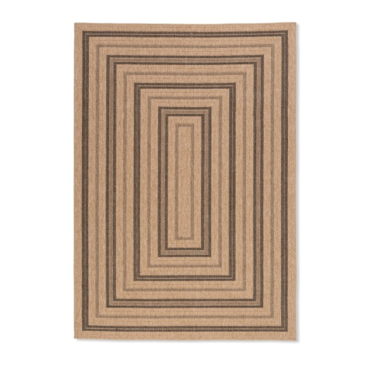 Black-bordered indoor outdoor rug by Viana Inc, featuring a stylish design suitable for both interior and exterior spaces.