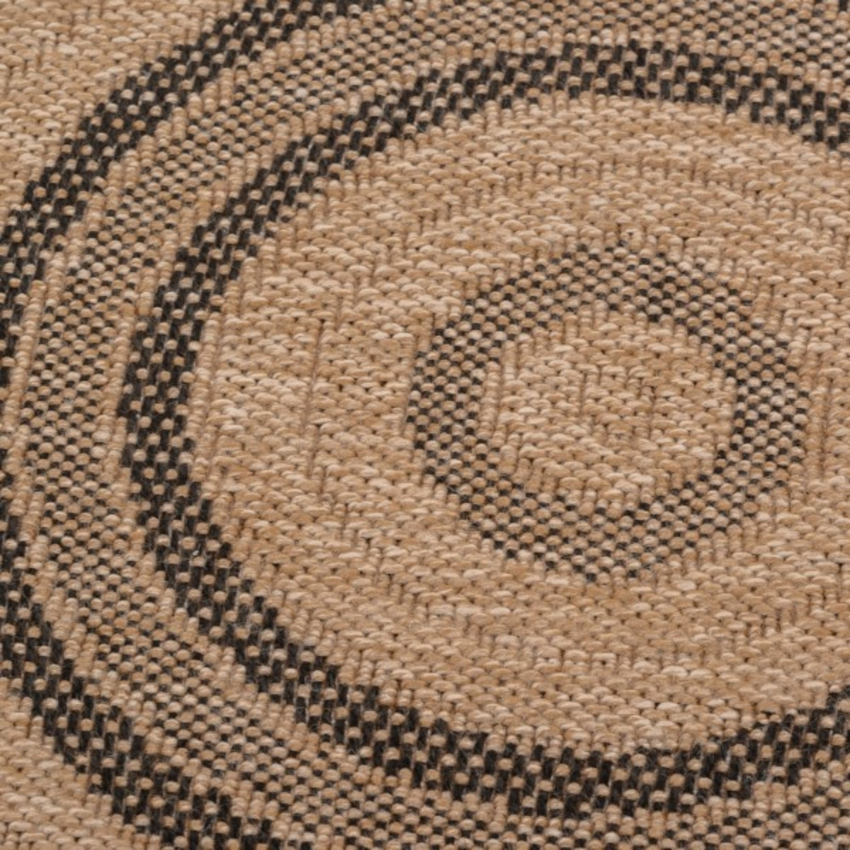 Round black indoor outdoor rug by Viana Inc with a stylish circular design, perfect for versatile home or patio spaces.