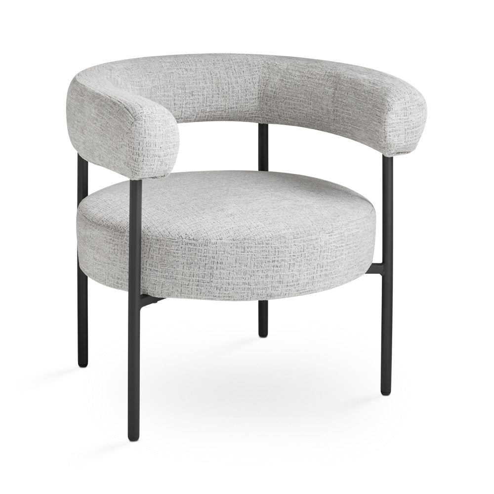 Xcella Mallory accent chair in ash fabric, three-quarter view showcasing modern design and comfortable seating.