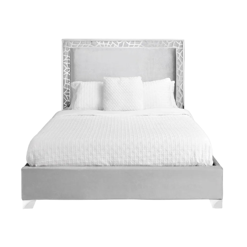 Xcella Wellington bed frame in grey velvet with a modern design, shown as a floor model in a bedroom setting.
