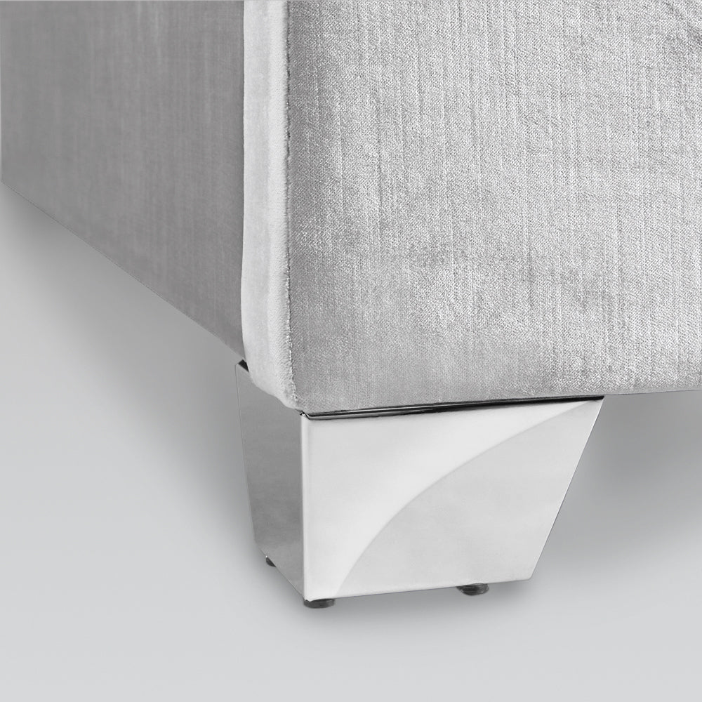 Xcella Wellington bed frame in grey velvet with detailed close-up of upholstery and construction, showcasing its elegant design.