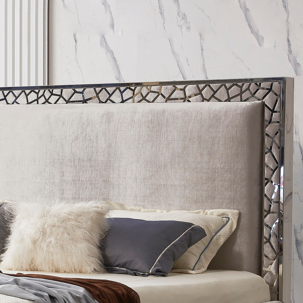 Xcella Wellington Bed floor model with wooden frame and neutral bedding, shown in a modern bedroom setting.