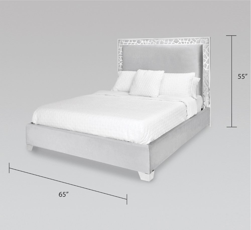 Xcella Wellington bed frame in grey velvet, floor model with a modern design, showcasing the upholstered bed and sturdy structure.