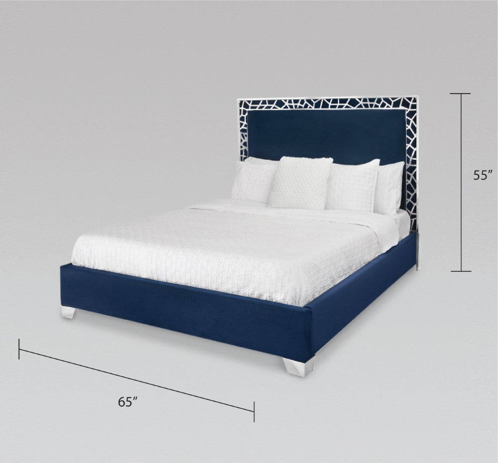 Xcella Wellington Bed in blue velvet with a modern design, showcasing the plush upholstered headboard and sleek bed frame.