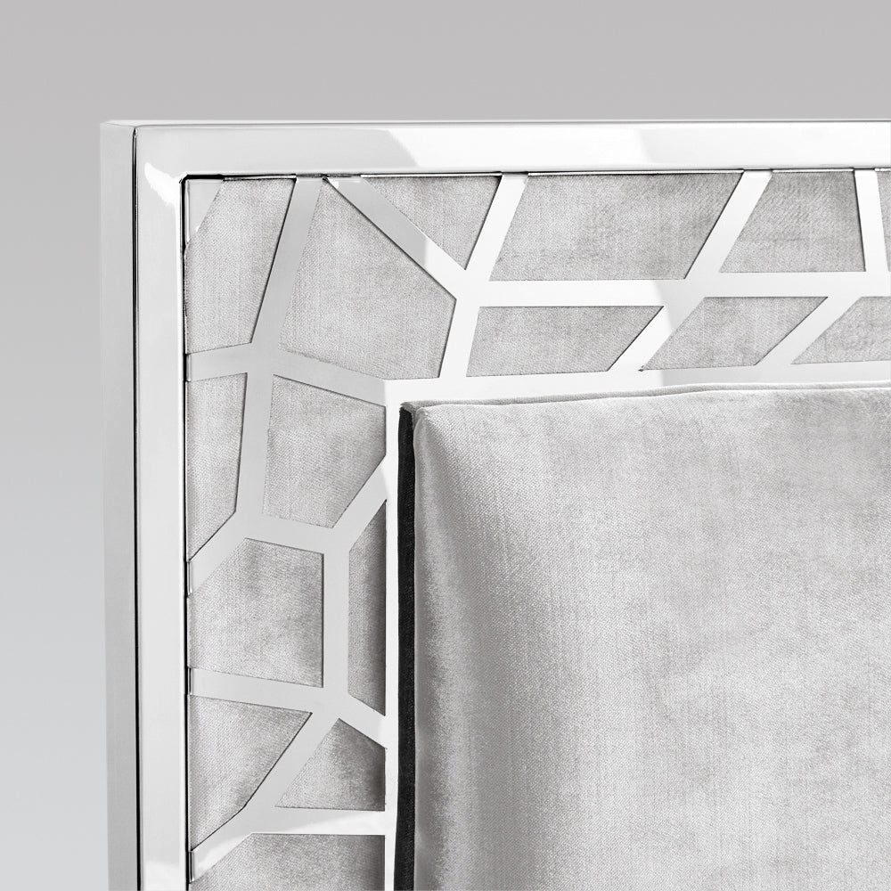 Grey velvet Wellington bed by Xcella with tufted headboard and sleek modern design in a bedroom setting.