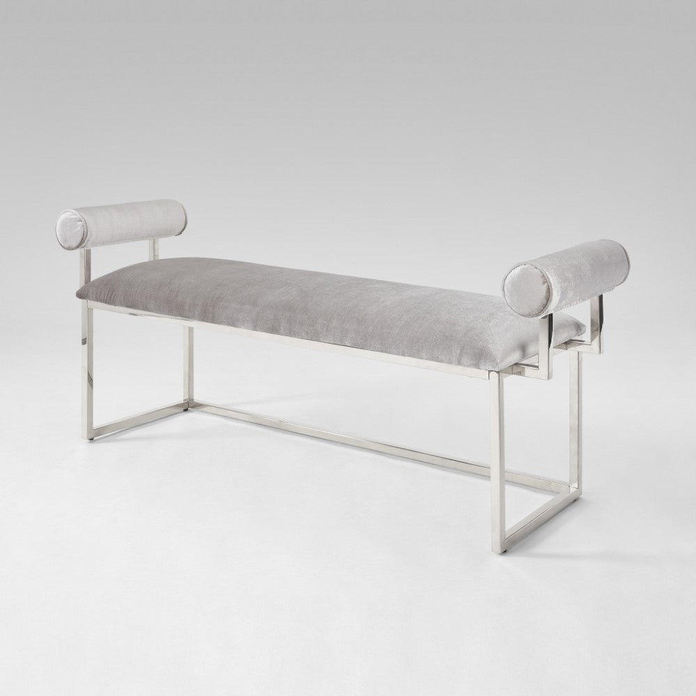 Silver satin Serena bench by Xcella with a sleek, modern design and upholstered cushioned seating.