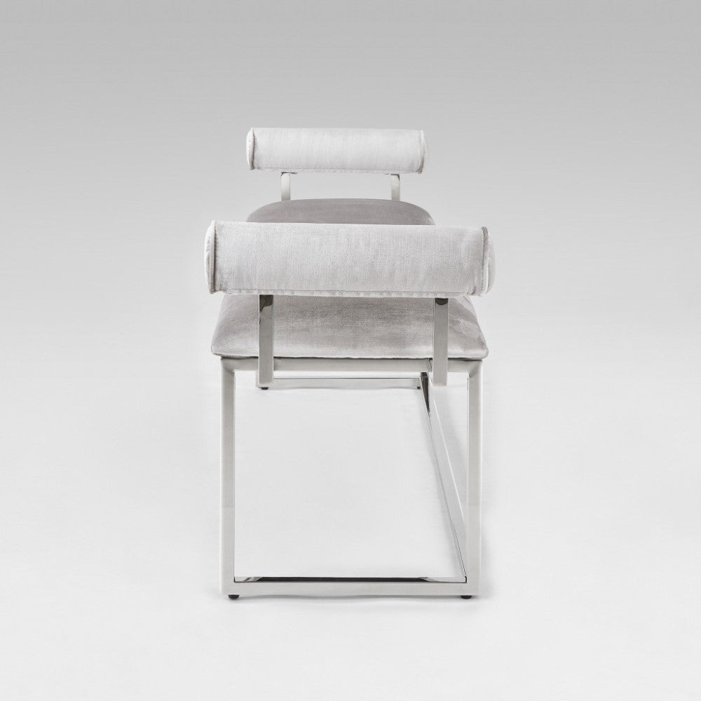 Xcella Serena bench with silver satin finish, featuring a sleek and modern design, shown from the front view.