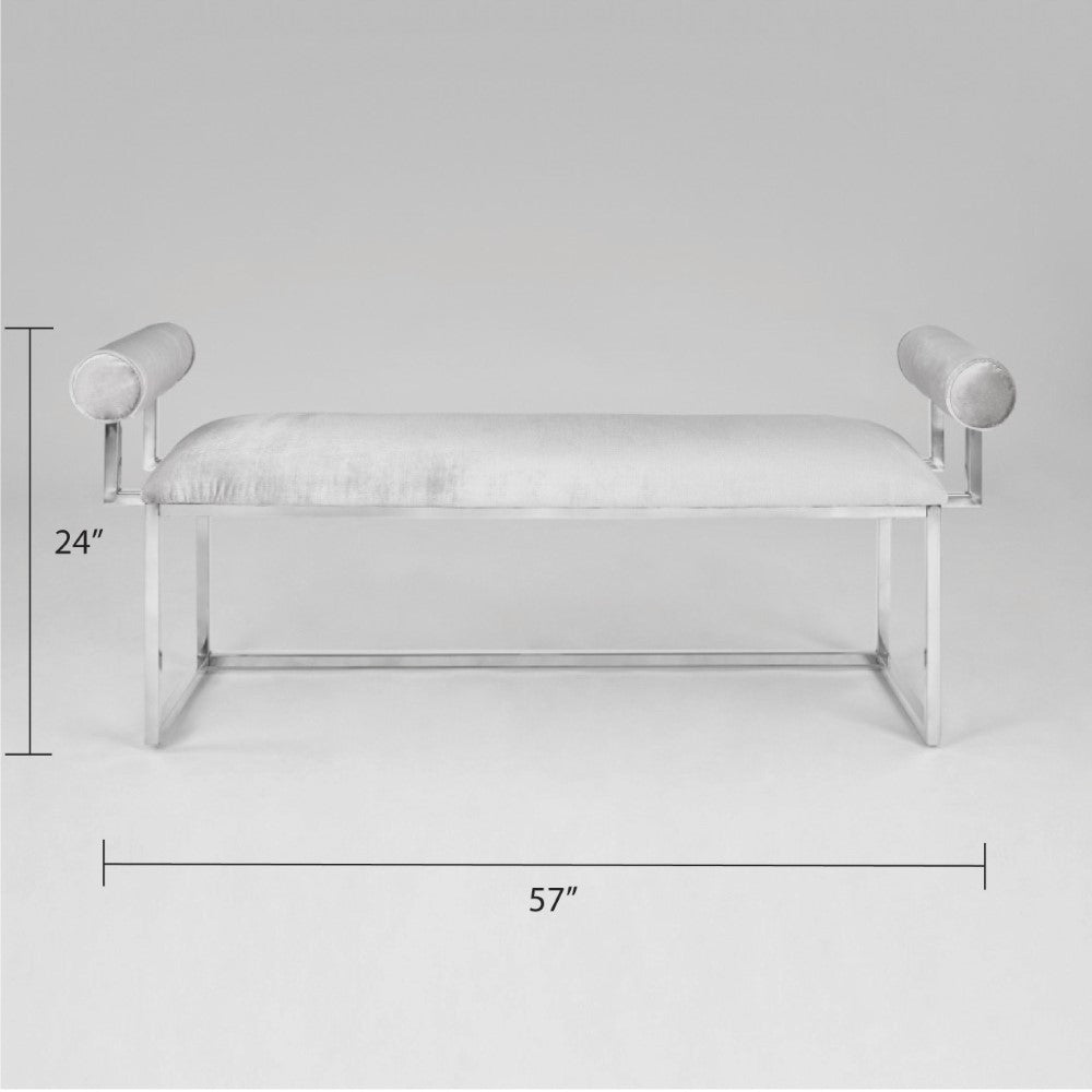 Gray Xcella Serena bench with silver legs, shown from the front, featuring a modern design and cushioned seat.