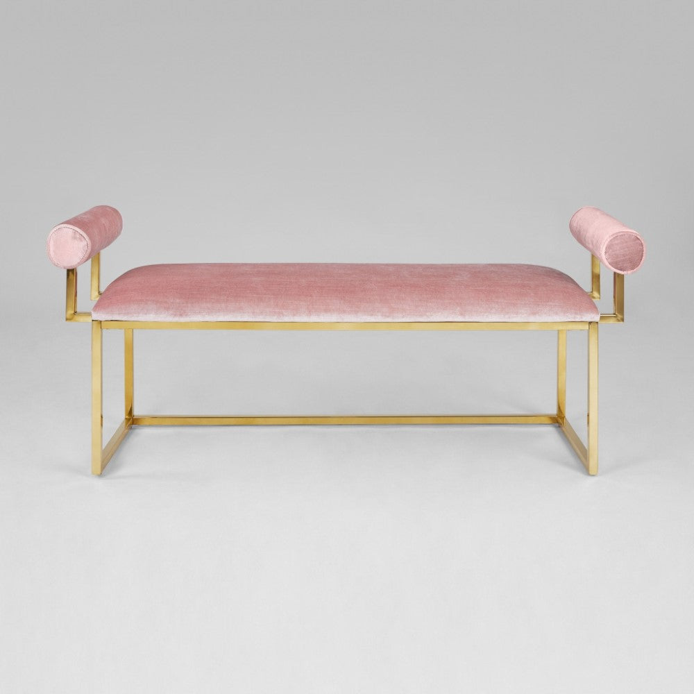 Xcella Serena gold velvet bench with pink velvet upholstery and sleek side design, ideal for modern home decor.
