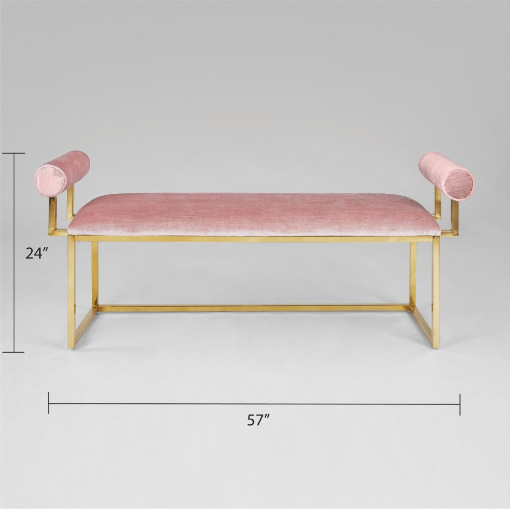 Xcella Serena Gold Bench with a sleek design, featuring a gold finish and sturdy wooden legs for stylish seating.