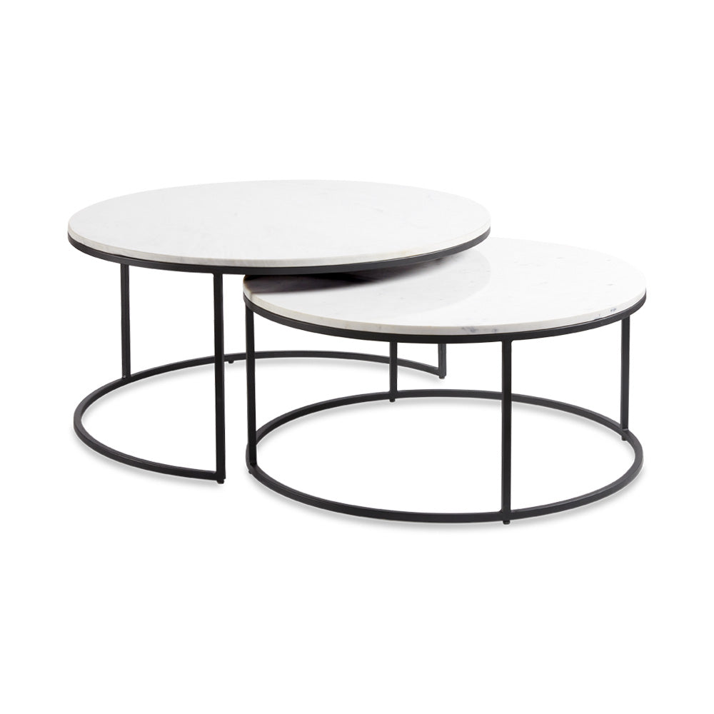 Pair of Xcella Amelia Marble Nesting Coffee Tables with black marble tops and sleek metal legs, designed for modern living rooms.