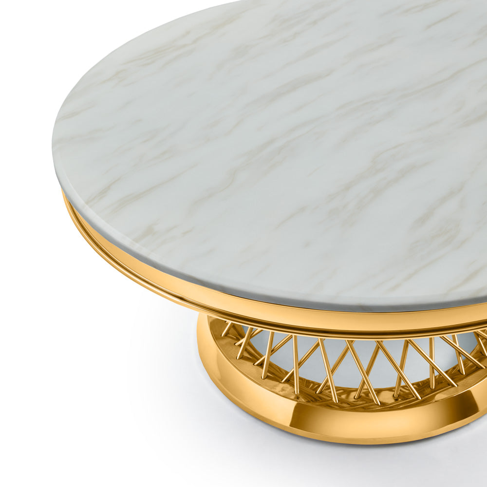 Xcella Bailey coffee table with a sleek gold finish, featuring a modern design and smooth surface detail.