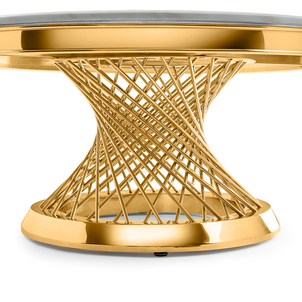 Xcella Bailey coffee table with a gold base, modern design, featuring a sleek tabletop and stylish gold finish.