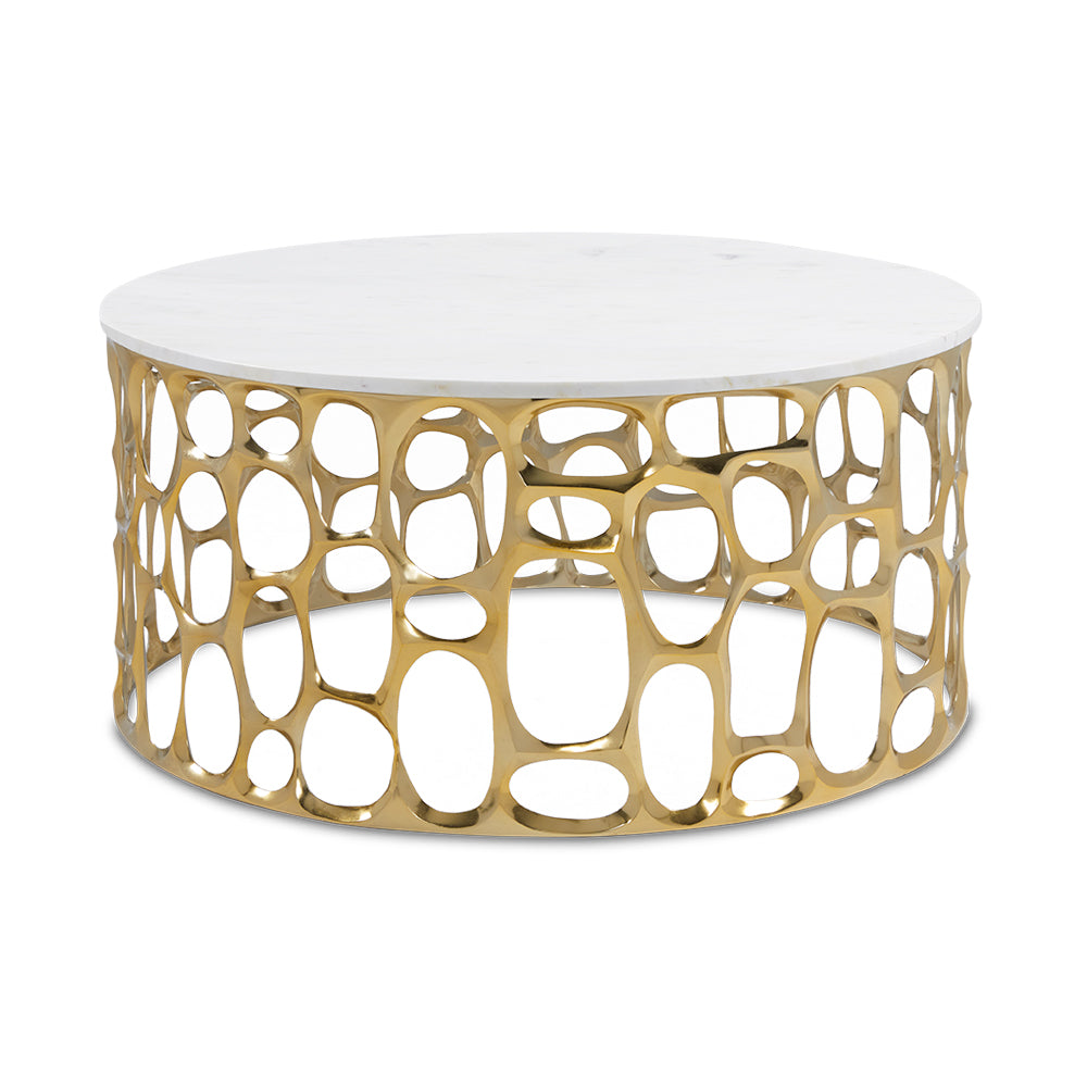 Gold Mario marble coffee table by Xcella featuring a sleek design and a round marble top with gold metal legs.