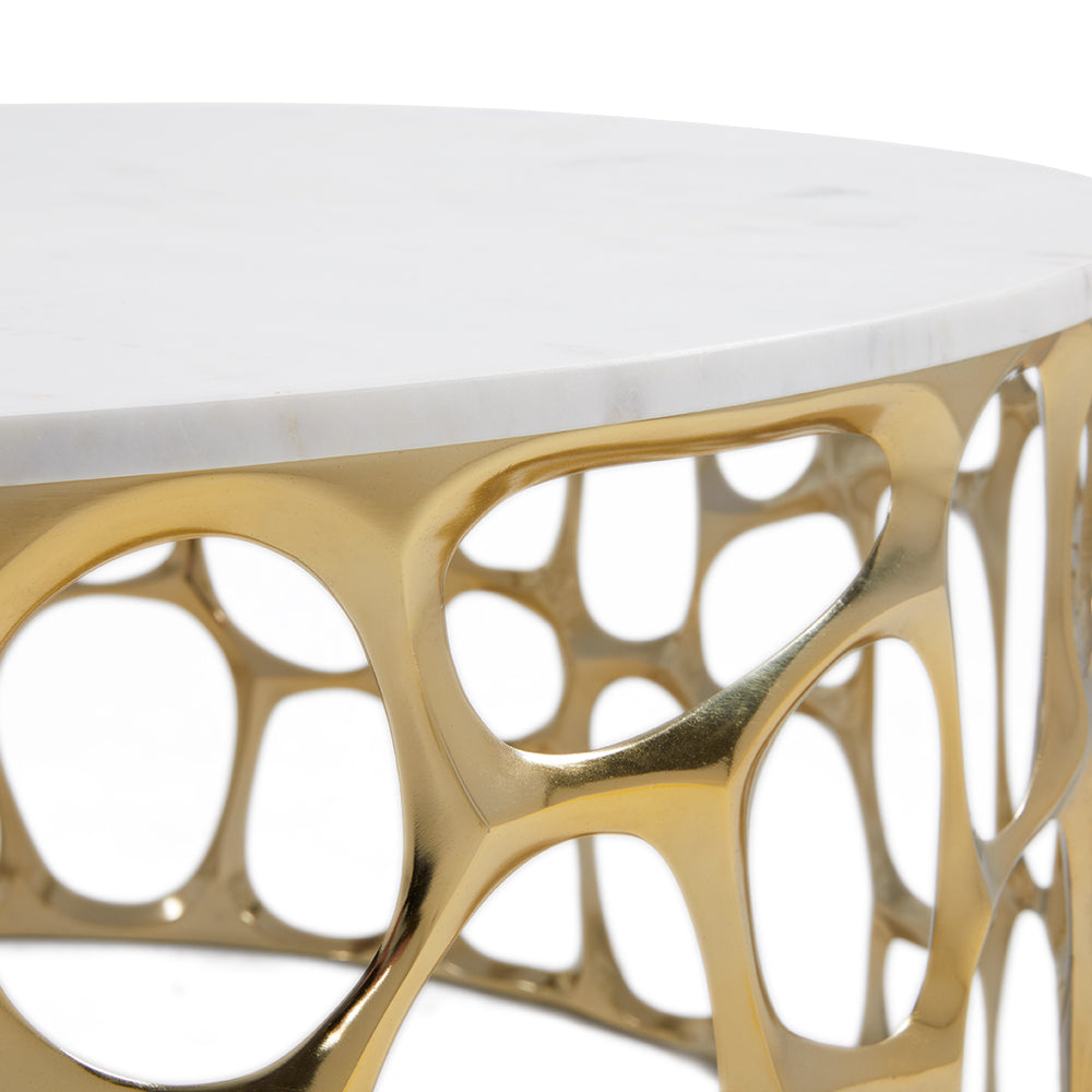 Xcella Mario marble coffee table with gold finish, featuring a sleek modern design and sturdy marble top for living room decor.