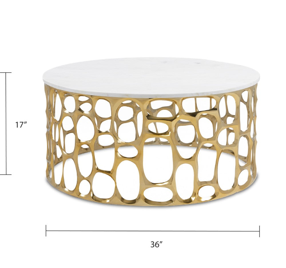Xcella Mario marble coffee table with gold finish, modern design, and smooth marble surface for contemporary living room decor.