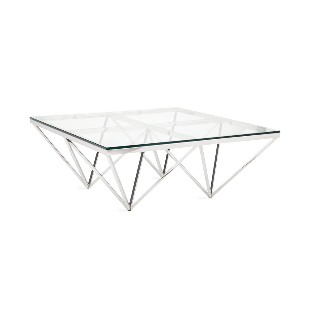 Xcella Luxor silver coffee table with sleek modern design, showing a three-quarter view of the stylish living room accessory.