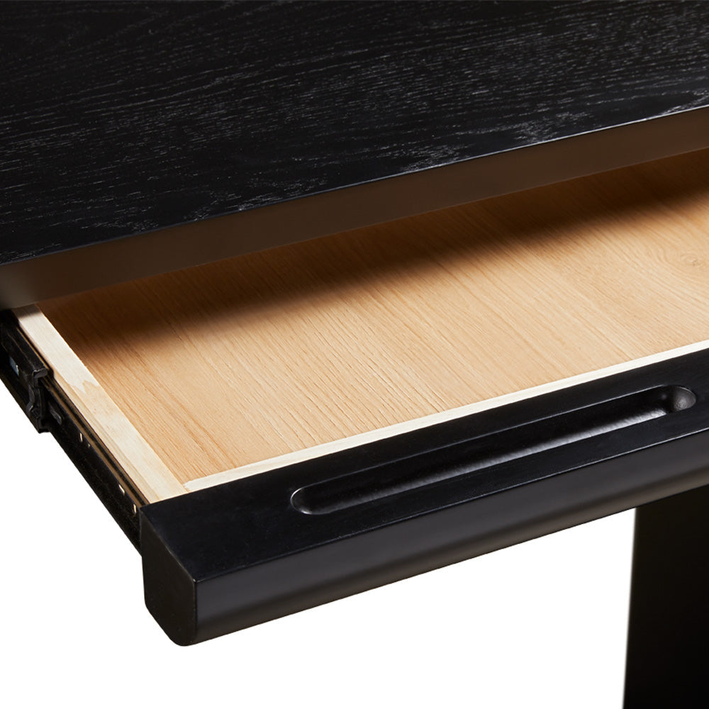 Xcella Edgar Wood console table with drawers, showcasing a sleek wooden desk design with detailed drawer handles.