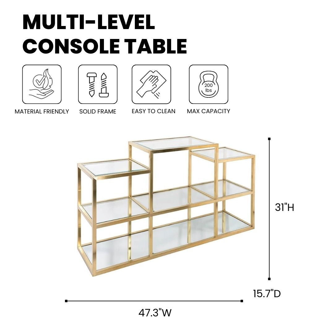 Xcella Geneva multi-level console table with sleek wood finish and modern design, featuring multiple tiers for stylish storage.