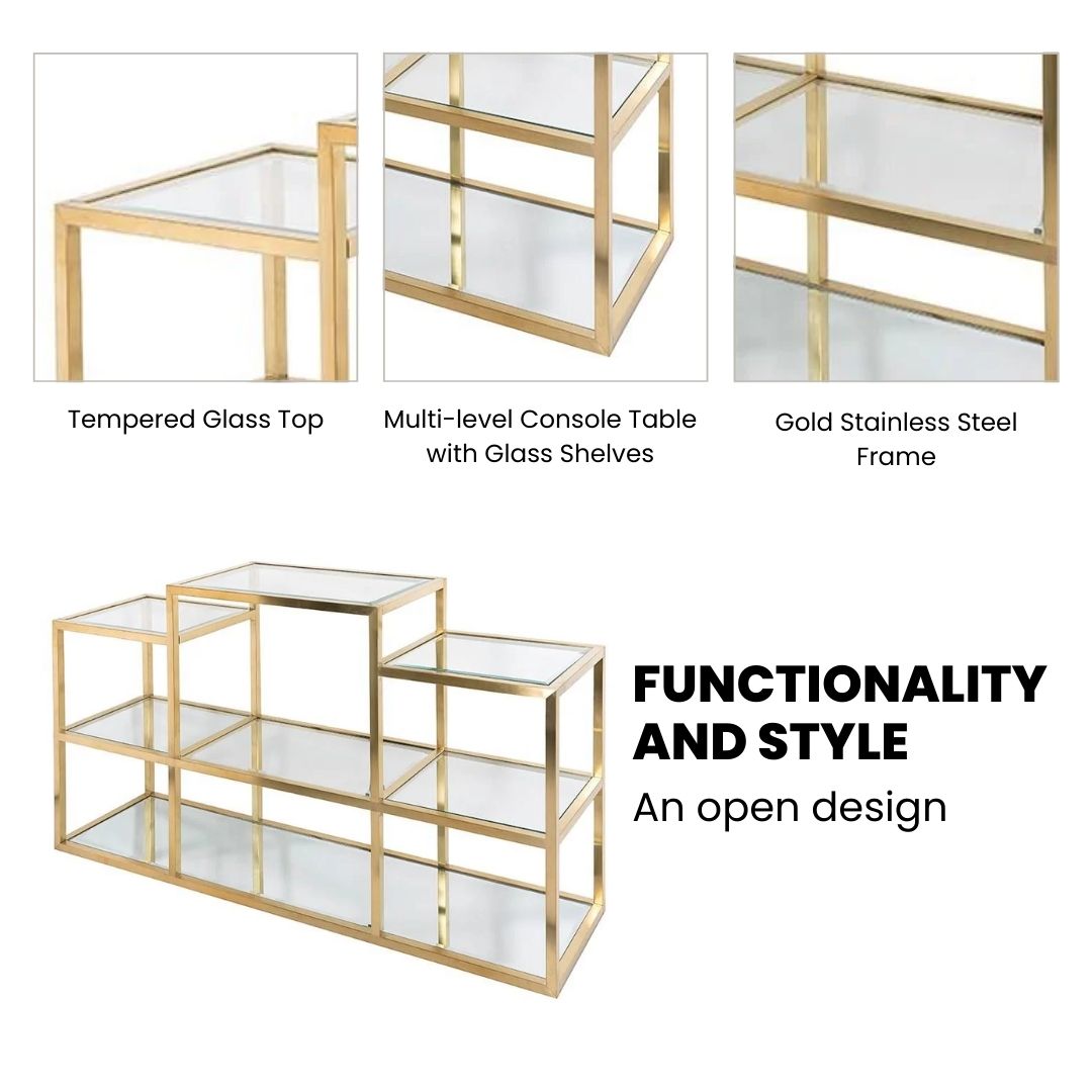 Xcella Geneva multi-level console table with sleek wooden surface and metal frame, featuring multiple tiers for stylish storage.