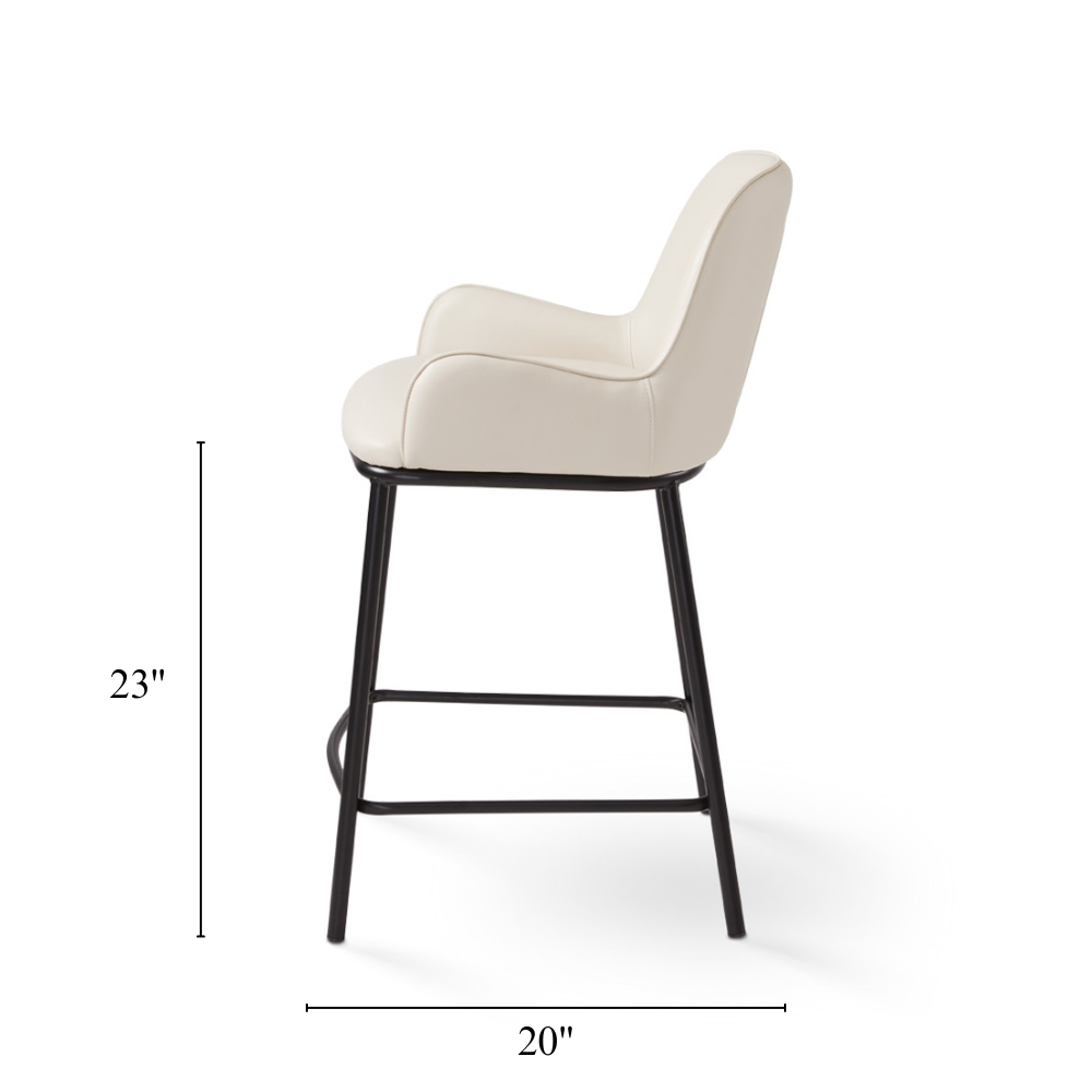 Xcella Bennett Grey Linen Counter Stool with wooden legs, shown from side with detailed dimensions for bar seating.