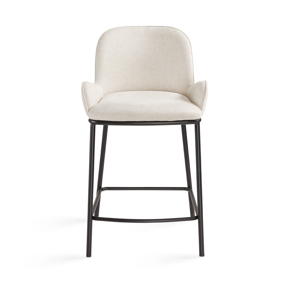 Xcella Bennett grey linen counter stool with wooden legs, showcasing a modern design and comfortable seating.