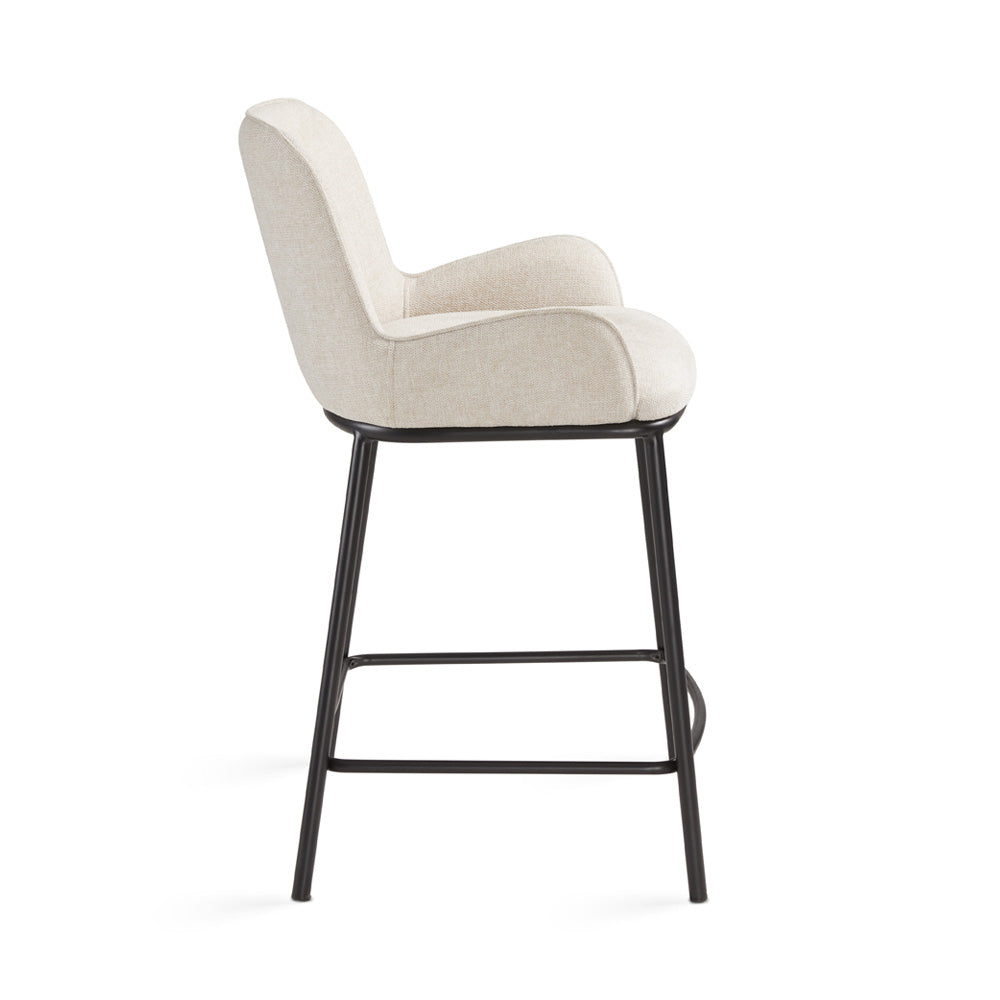 Xcella Bennett grey linen counter stool with wooden legs, shown from the side view, ideal for modern kitchen or bar seating.