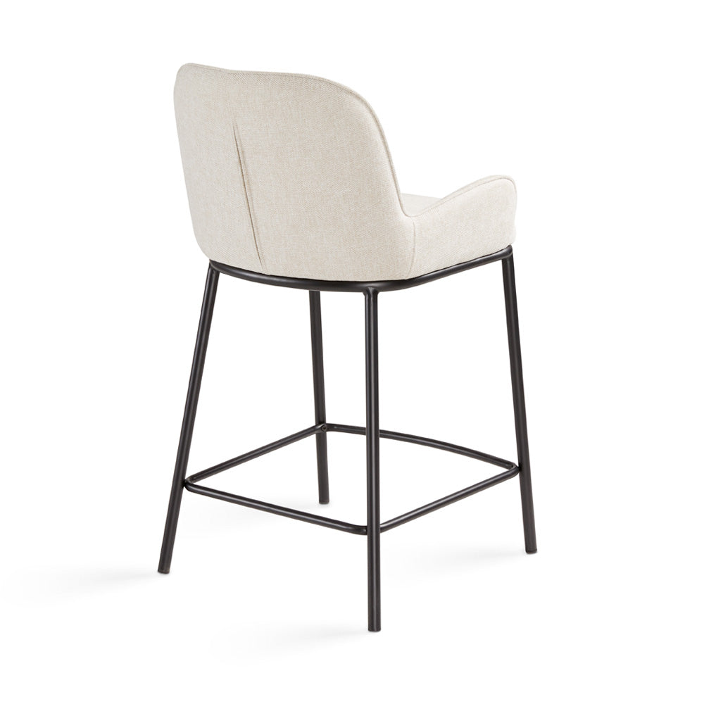 Xcella Bennett grey linen counter stool with backrest, showcasing its stylish design and padded seating for bar areas.