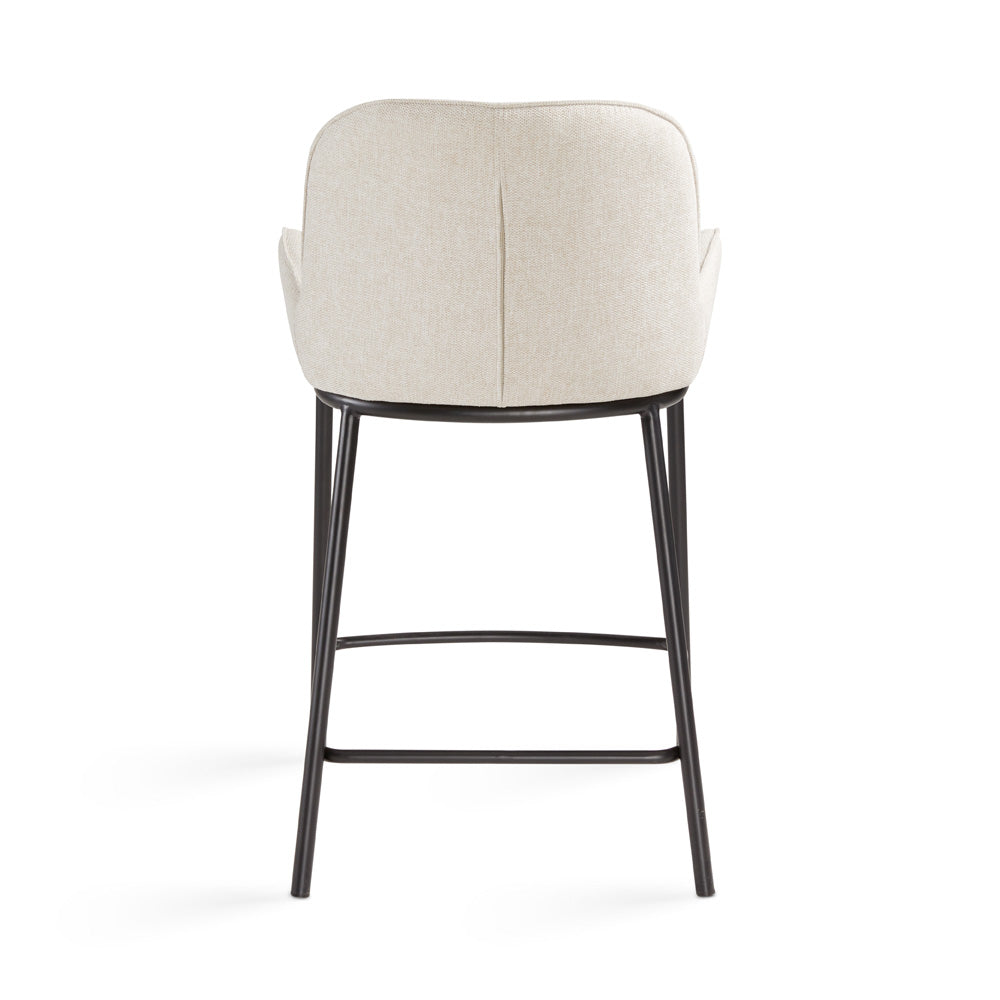 Xcella Bennett gray linen counter stool with a backrest, showcasing a modern design and comfortable seating.
