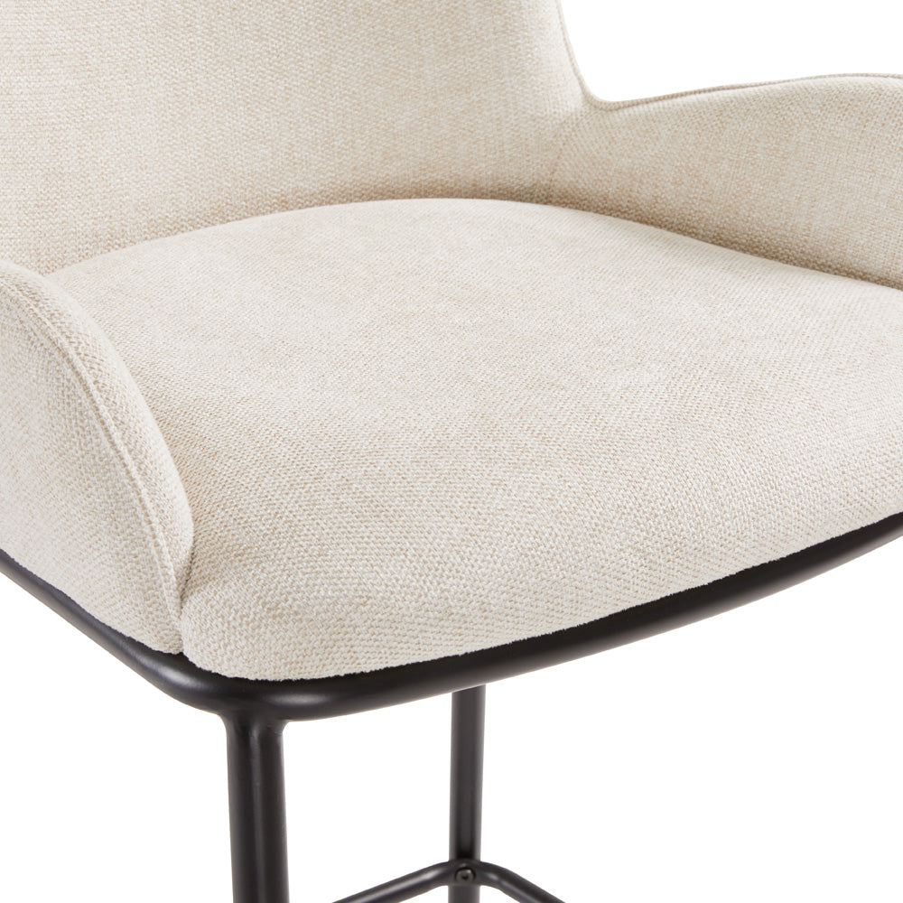 Xcella Bennett counter stool with light grey linen seat and wooden legs, modern design for bar or kitchen counter seating.