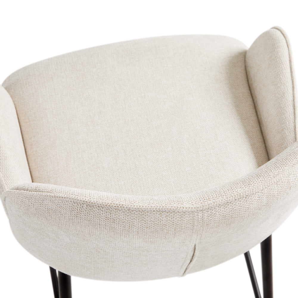 Xcella Bennett counter stool with light grey linen upholstery, featuring a modern design and sturdy wooden legs.