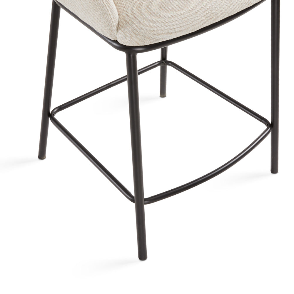 Xcella Bennett grey linen counter stool with wooden legs, showcasing a modern design for kitchen or bar area seating.
