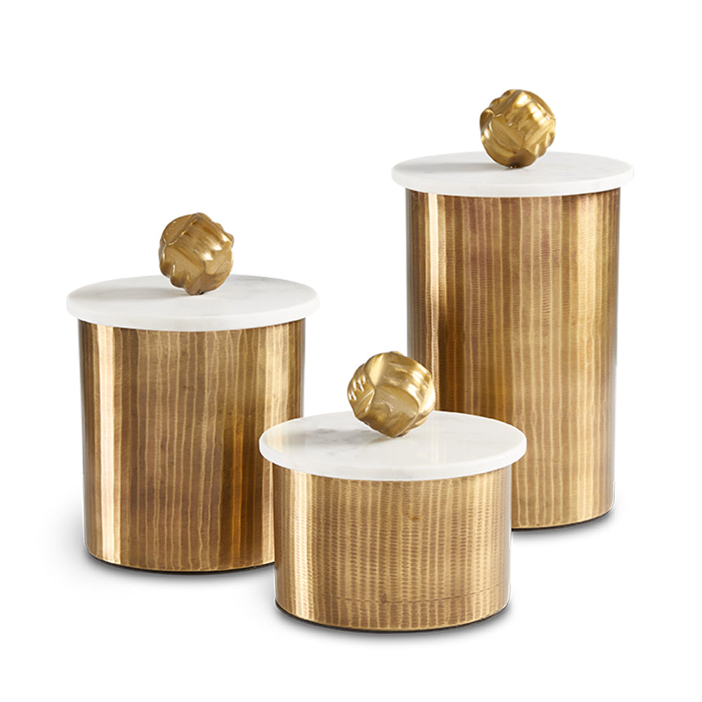 Set of three Keva matte texture antique brass decor boxes by Xcella, featuring elegant, textured storage containers.
