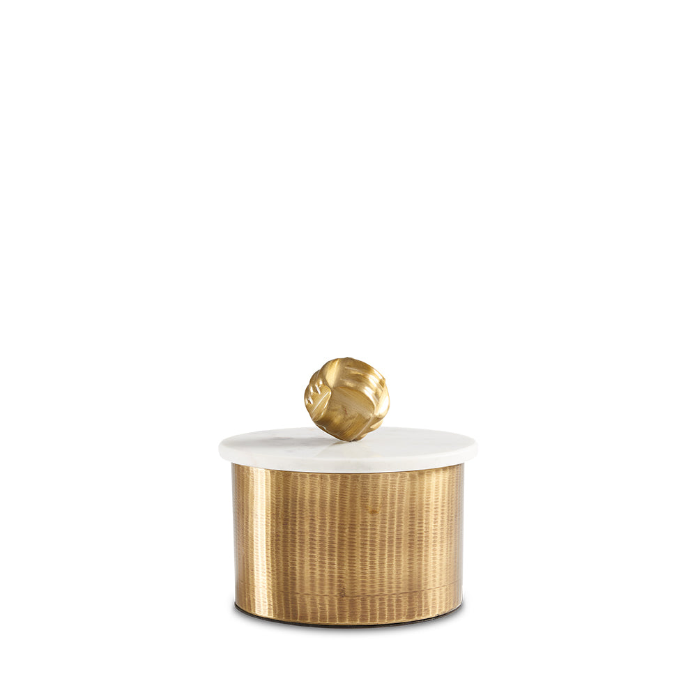 Set of three Keva matte texture boxes in antique brass by Xcella, decorative storage canisters with a sophisticated finish.