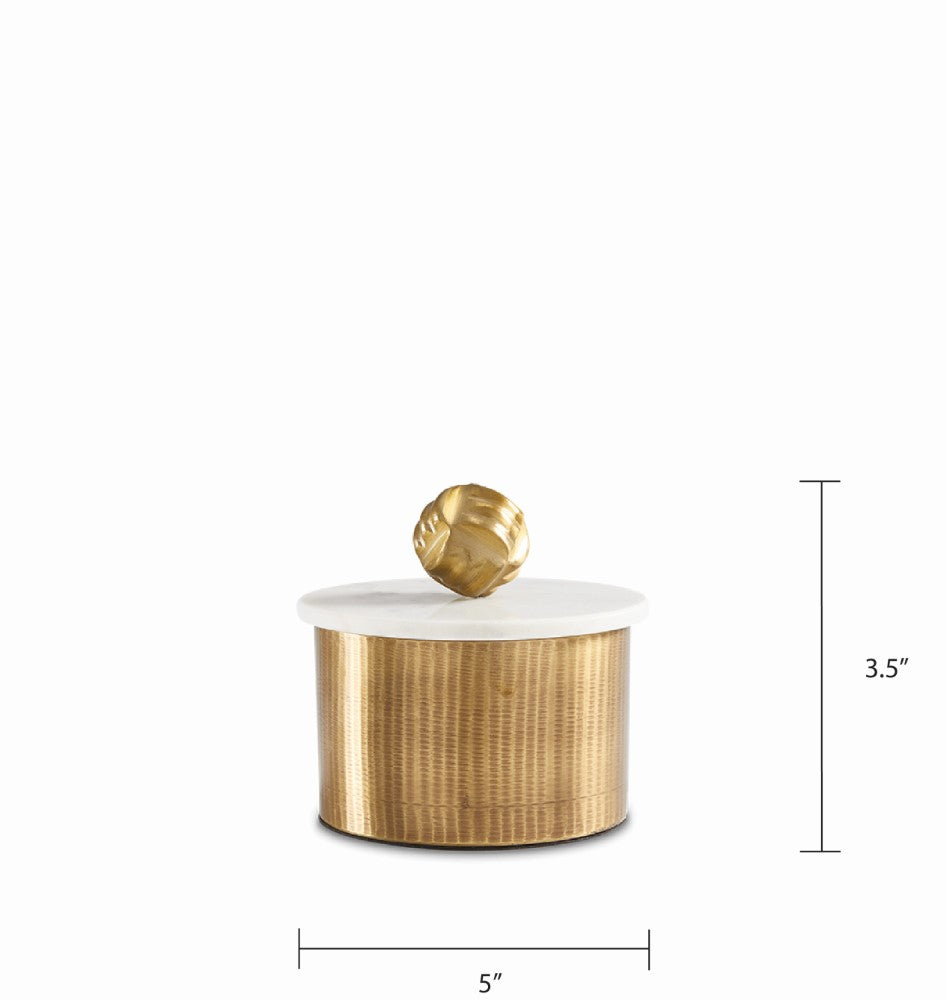 Set of three Xcella Keva matte texture decorative boxes in antique brass, small canisters with a stylish, textured finish.