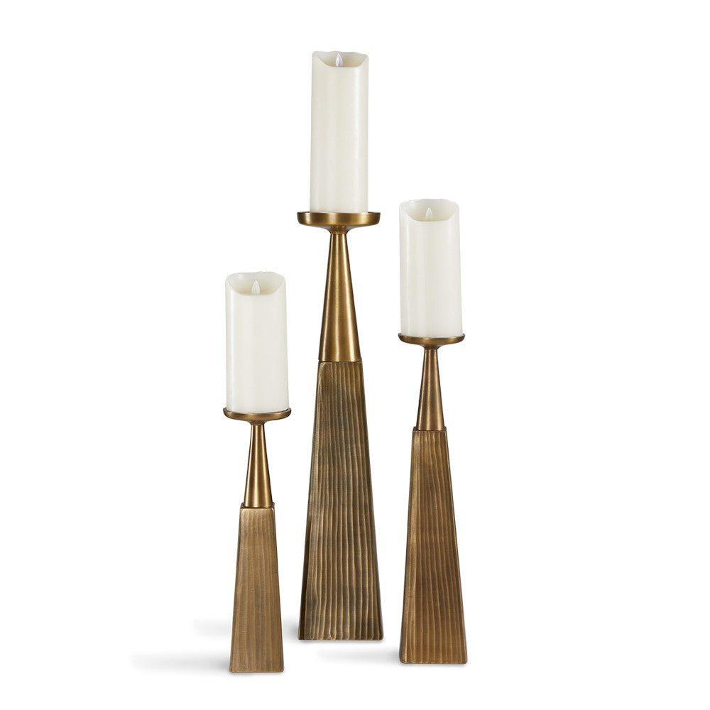 Set of three Xcella Mya Pillar Candle Holders in textured antique brass finish, decorative decor pieces for tabletop display